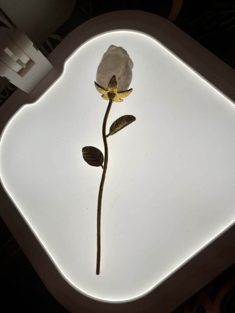 Natural Crystal Quartz Rose Flower with Gold Metal Stem and Leaves Decor